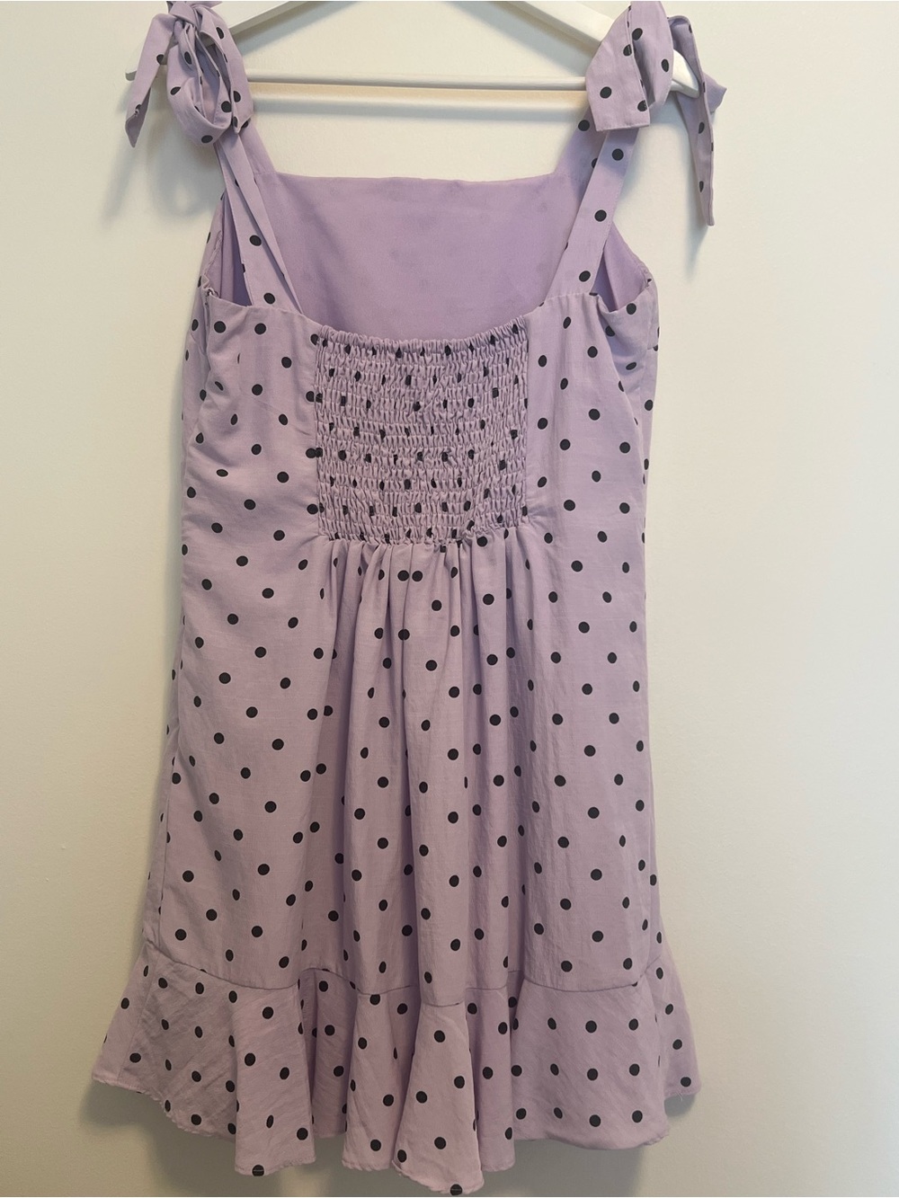 Lilac Polka Dot Tie-Shoulder Midi Dress | Retro | Ruffle Hem - Picture 2 of 8